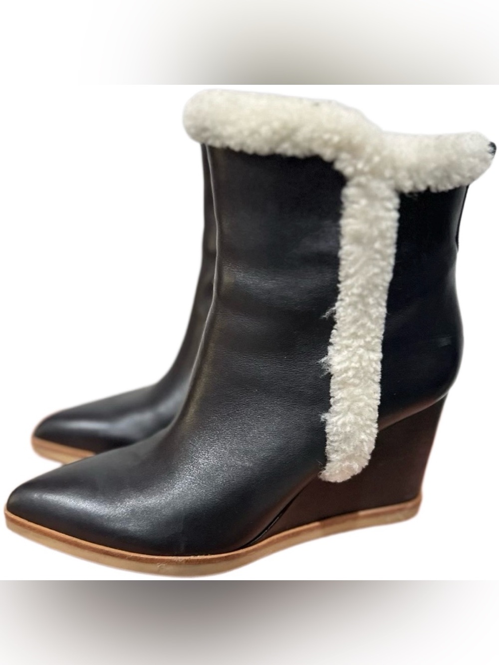 Marc Fisher Black Leather Wedge Boot with Cream Shearling Trim